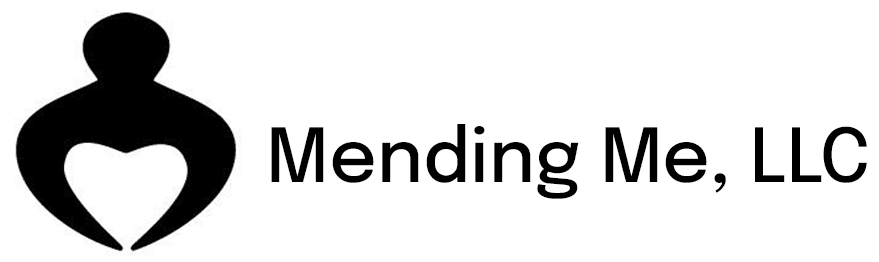 A black and white image of the word " mending ".