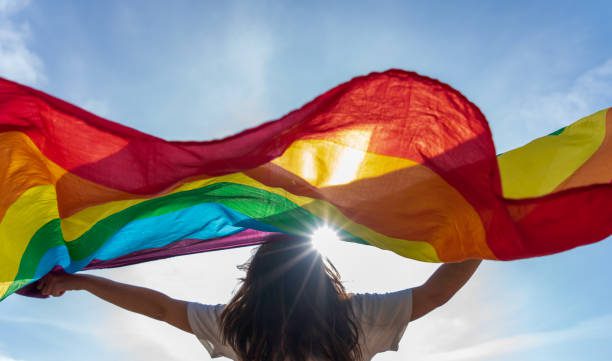 A person holding up a rainbow flag in the sky.